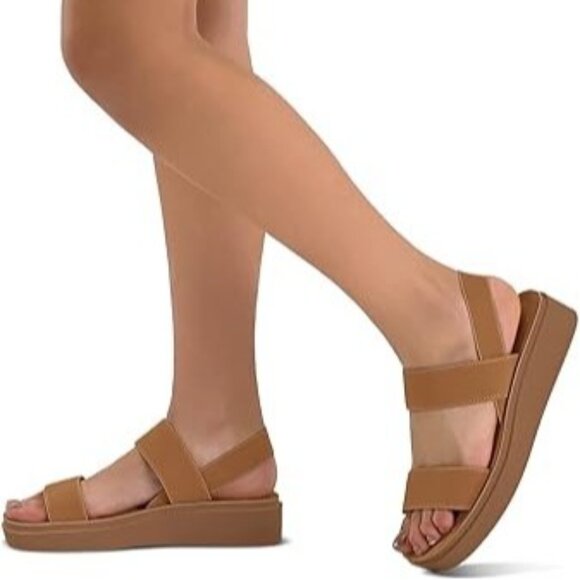 Mysoft Womens Sandals Size 9 Low Wedge Elastic Strap Platform Beige - Picture 12 of 12